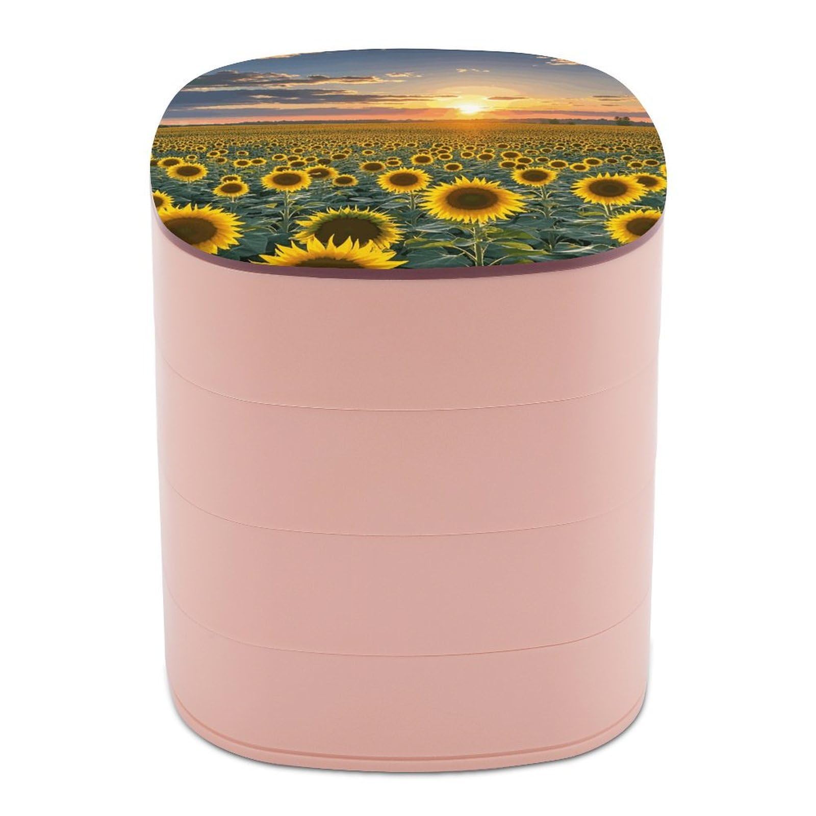 VstaDank Dreamlike Sunset Of A Sunflower Field Jewelry Case Women Portable Travel Jewelry Box Rotating Jewelry Organizer with Mirror Multi-Layer Necklace Ring Earring Storage Box for Bracelets Rings