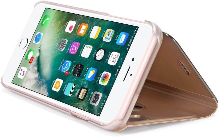 QLTYPRI iPhone 6 Plus 6S Plus 7 Plus 8 Plus Case, Ultra Slim PC Shell PU Leather Back [Perspective] [Mirror] Semi-Transparent Cover Flip Case for iPhone 6 Plus/6S Plus/7 Plus/8 Plus - Gold