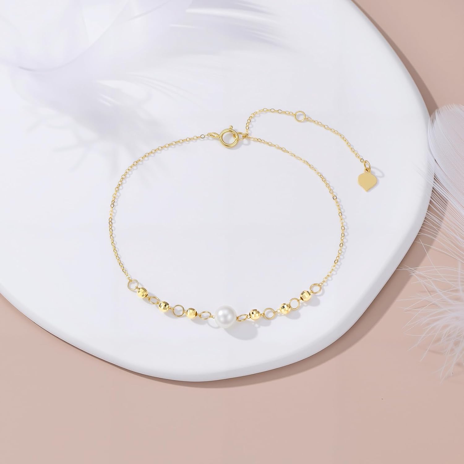 SISGEM 14k Gold Diamond-cut Bead Bracelet for Women, Real 14kt Gold Freshwater Cultured Pearl Hand Jewelry Gifts for Her, 6.2"-7.8" - Image 5