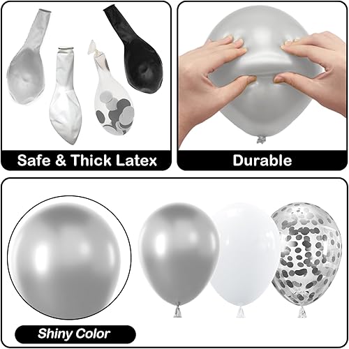 Miniatura 6 de YAOWKY Kit de arco de guirnalda de globos negros y plateados, 124 globos de látex de confeti de 18, 12, 10, 5 pulgadas, color negro, blanco y