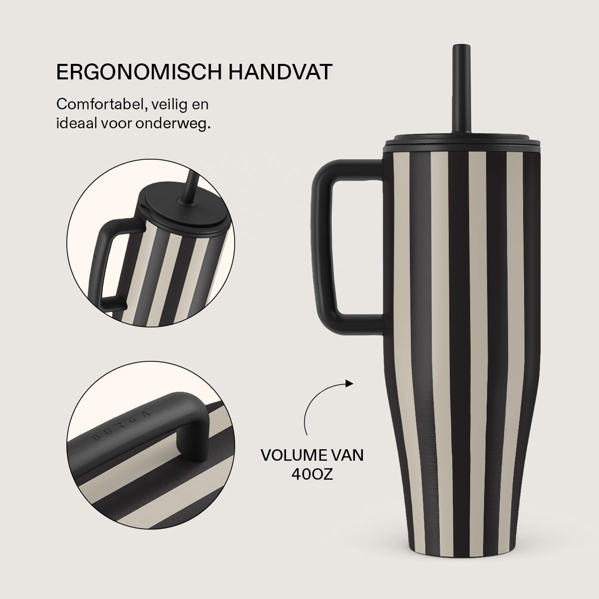 BURGA Gobelet 1,2 L avec Poignée et Paille – Bouteille Isotherme Étanche, garde les boissons chaudes 12 h et froides toute la journée, compatible porte-gobelets, gobelet de voyage en acier inoxydable