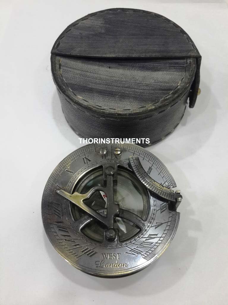 Antique Bronze Nautical Sundial Compass WEST London with CASE Free Rustic Vintage Home Decor Gifts