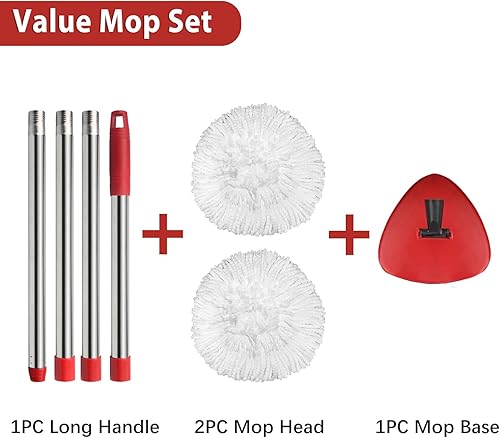 Miniatura 6 de Juego de 2 cabezales de repuesto para trapeador giratorio, 1 base, 1 mango de trapeador (30-58 pulgadas), juego combinado de trapeadores compatibles