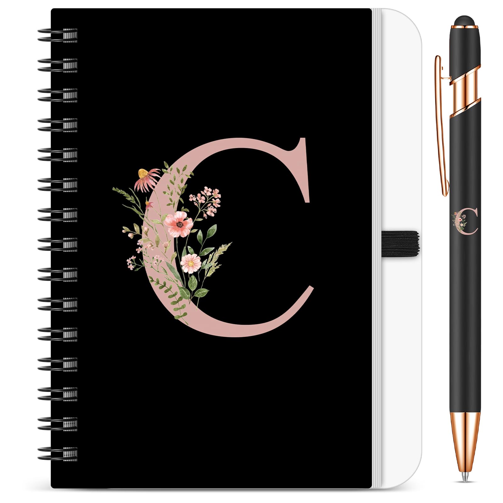 BBTO 1 Set Initial Letter Notebook for Women Personalized Gifts Floral B6 Notebook with Ballpoint Pen for Graduation Gifts Teacher Appreciation Birthday Office Christmas Supplies(Letter C)