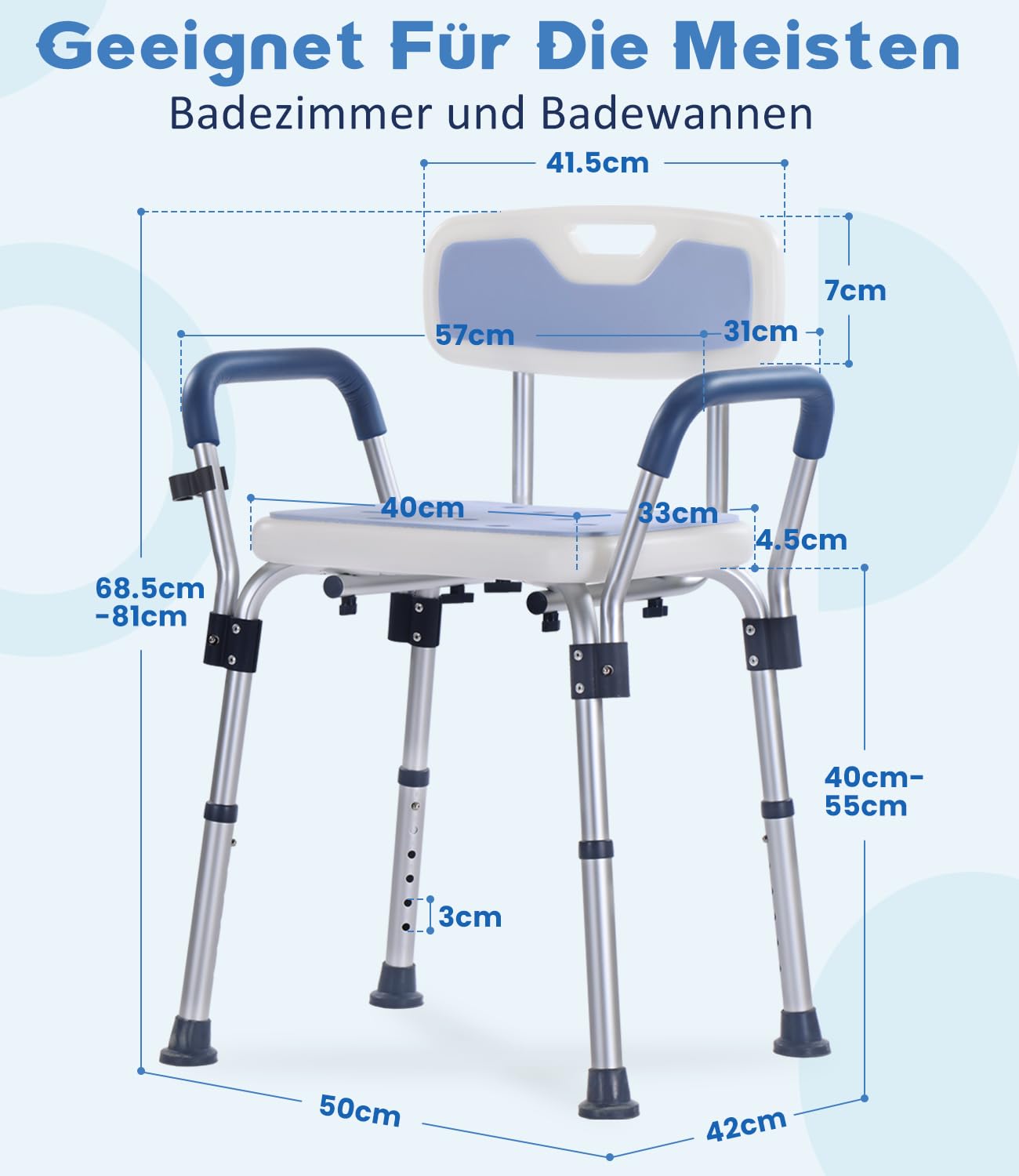 Silla de baño para personas mayores con respaldo extraíble, con capacidad de carga de 160 kg, 6 niveles de ajuste de altura (68 – 81 cm) | Silla de ducha con pies antideslizantes