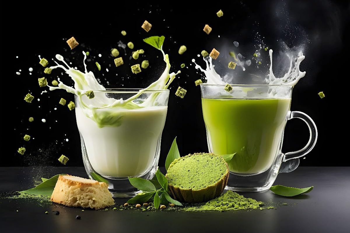 CALVENDO · Vegane Matcha-Latte-Drinks mit Hafermilch und Matcha (Leinwand) | 75 × 50 cm Querformat · Textil-Leinwand auf Keilrahmen · Trendige Matcha-Genusskreationen