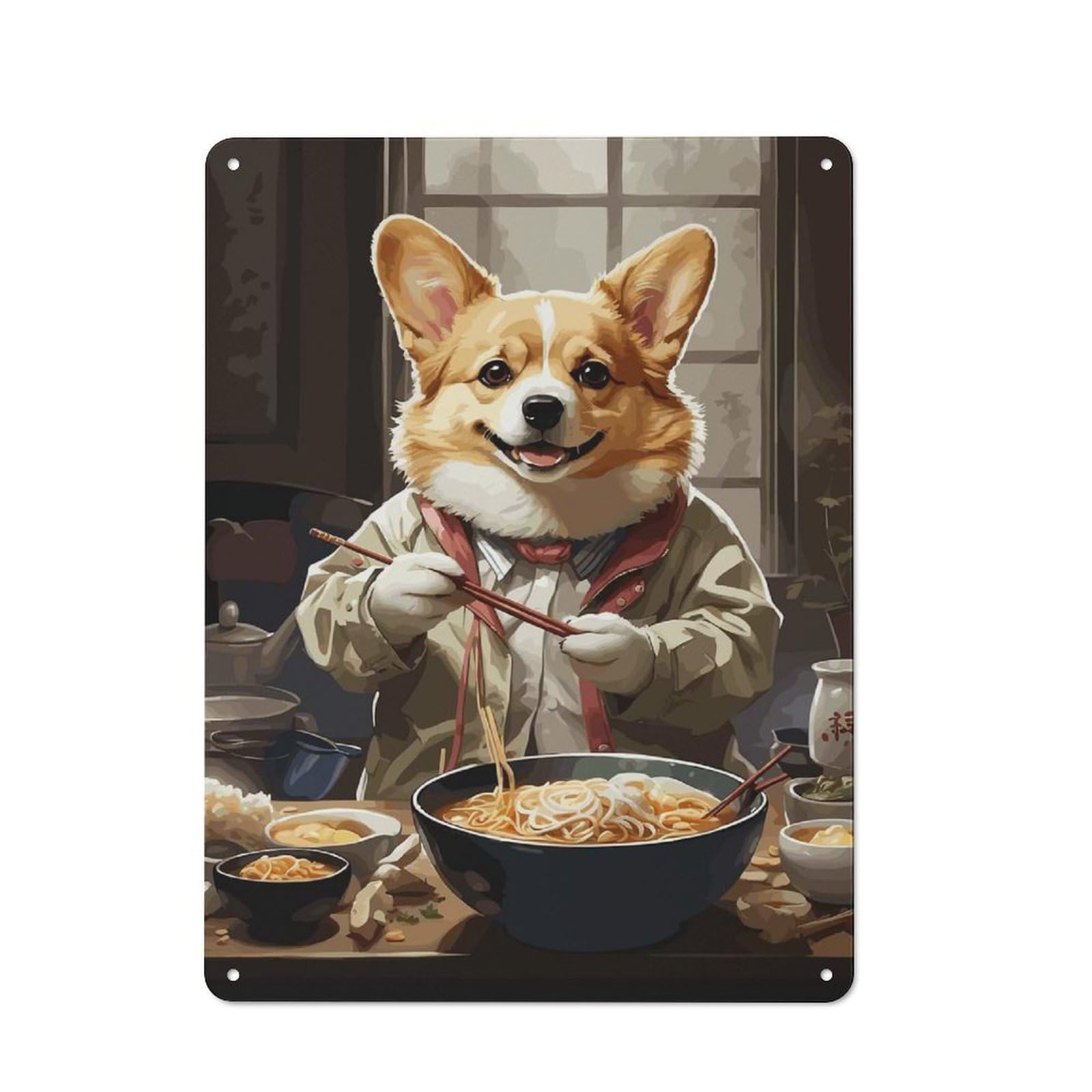 Junmoney Corgi Eating Ramen Tin Wall Plaque 40X30cm With For Hallway Wall, With Clear Retro Wall Decor Character