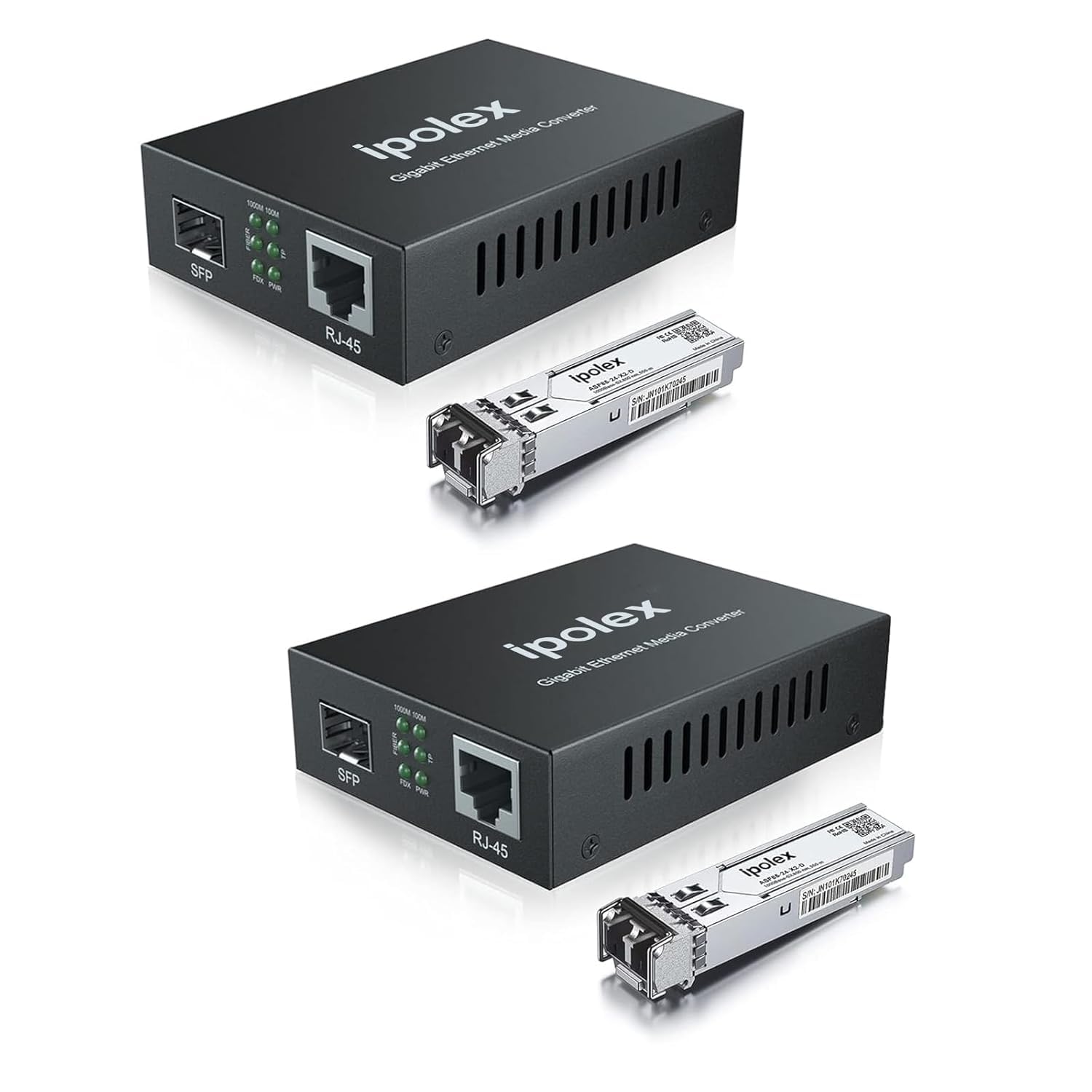Ipolex convertidor de medios Gigabit Ethernet, 1.25G SFP puerto Convertidor de medios de fibra óptica, Multimodo LC Convertidor equipado con un SFP-SX transceptor (850-nm, 550-m@OM2OM3MMF). 2-Pack.