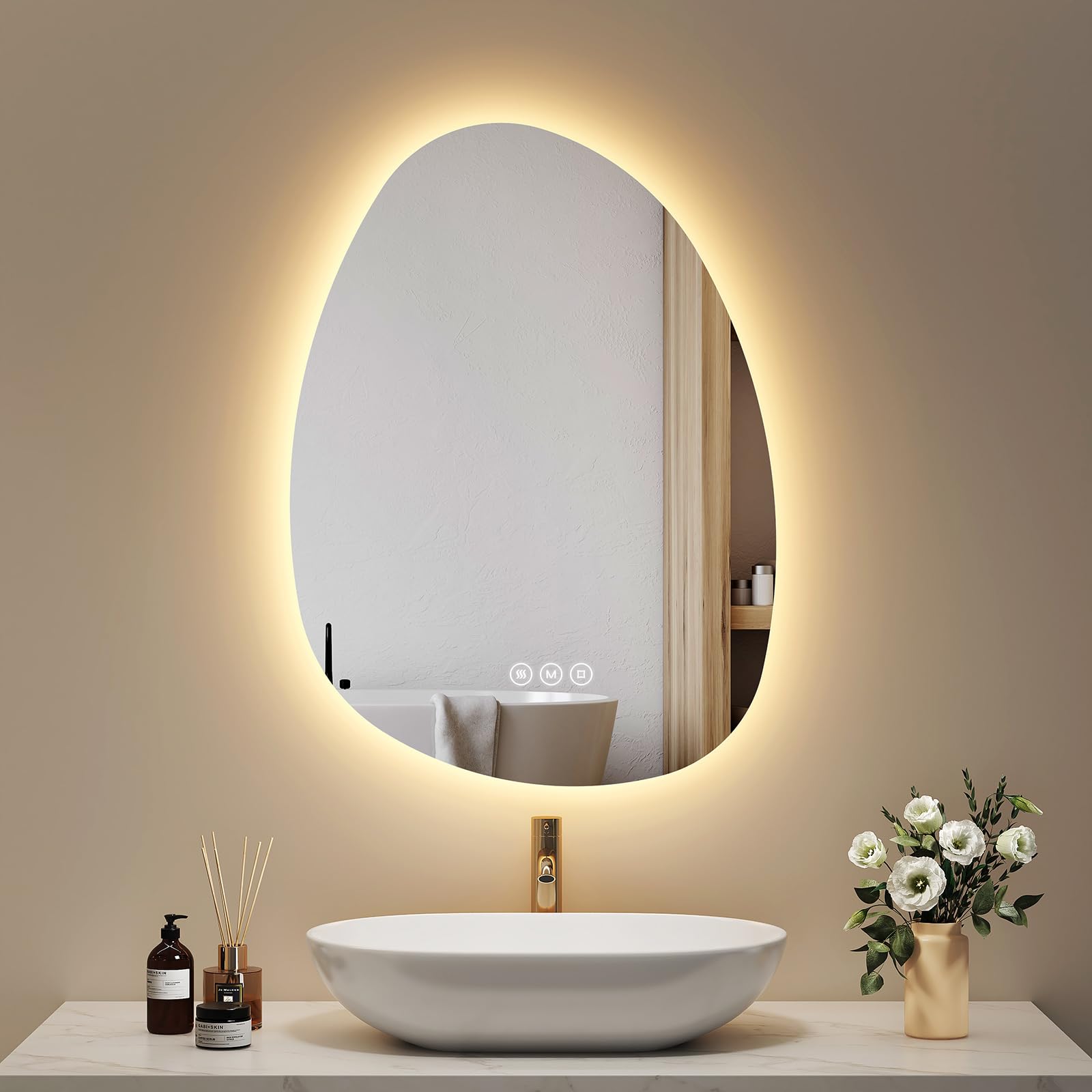 EMKE Spiegel mit Beleuchtung Asymmetrischer LED Badspiegel 75 x 55 cm Touch-Schalter, 3 Lichtfarben Dimmbar, Beschlagfrei Badezimmerspiegel mit Beleuchtung IP44 Energiesparend