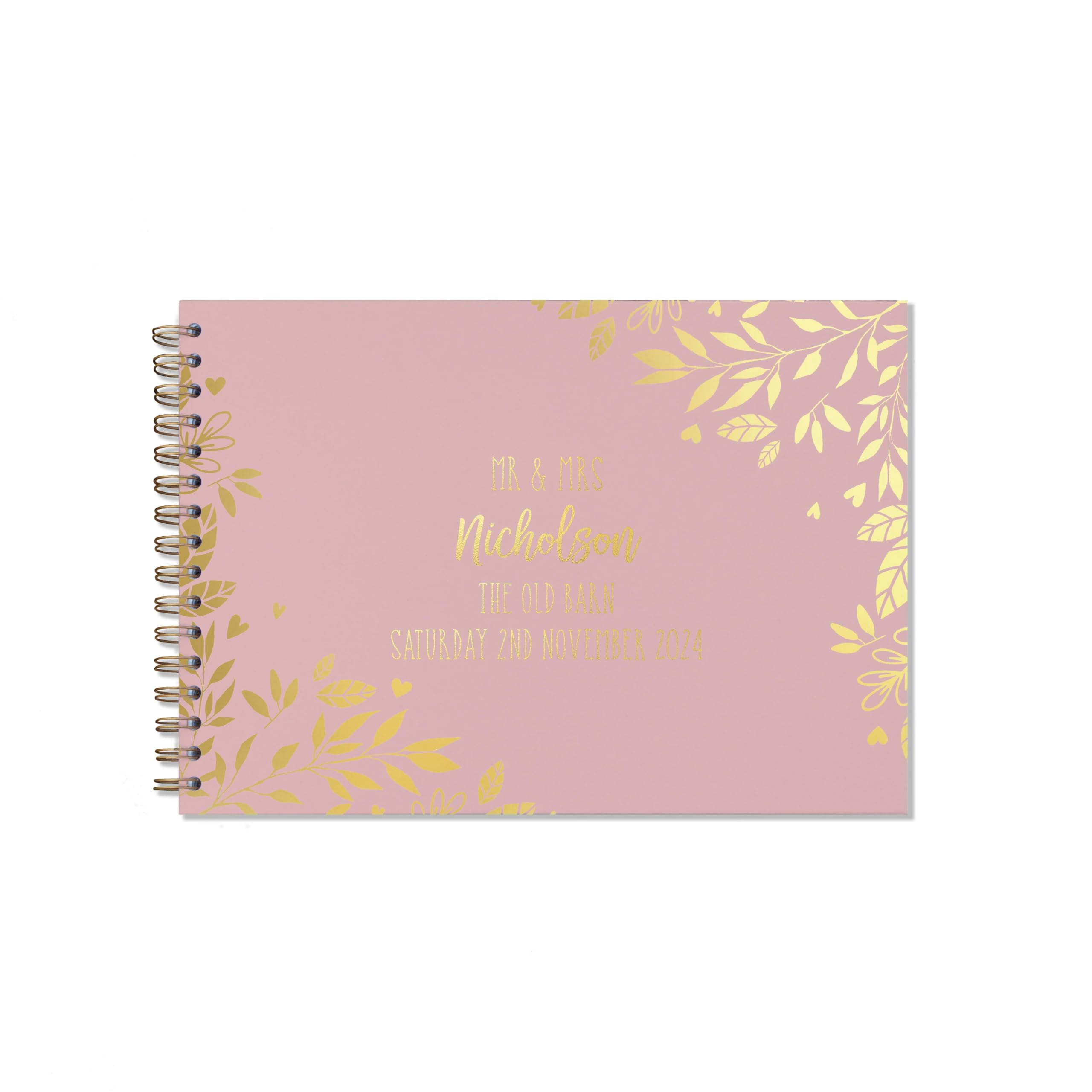 "Manta Makes Wedding Guest book personalised gold foil 26 colour choices A5 or A4, signing book wedding decorations for wedding reception, wedding books for guests to sign (A4, Pink)"