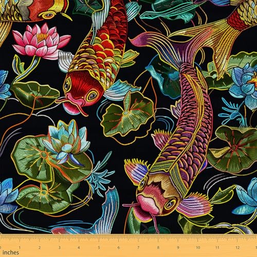 Feelyou Koi Fish Fabric by The Yard, Vintage Japanese Style Water Lily Theme Upholstery Fabric for Chairs Sofa Couch, Oriental Floral Lotus Pattern, 1 Yard Soft Flannel