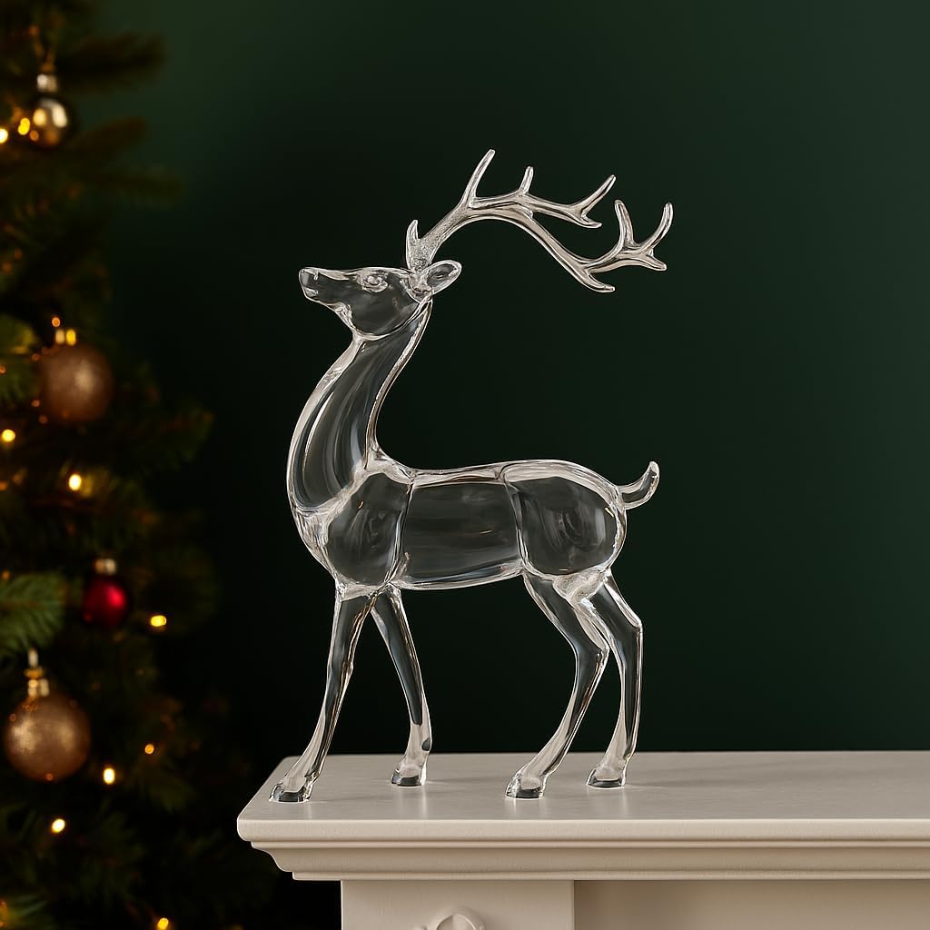 Marco Paul 24cm Standing Reindeer Christmas Ornament Clear Acrylic Stag Figurine Indoor Xmas Decoration Seasonal Holiday Home Décor Display