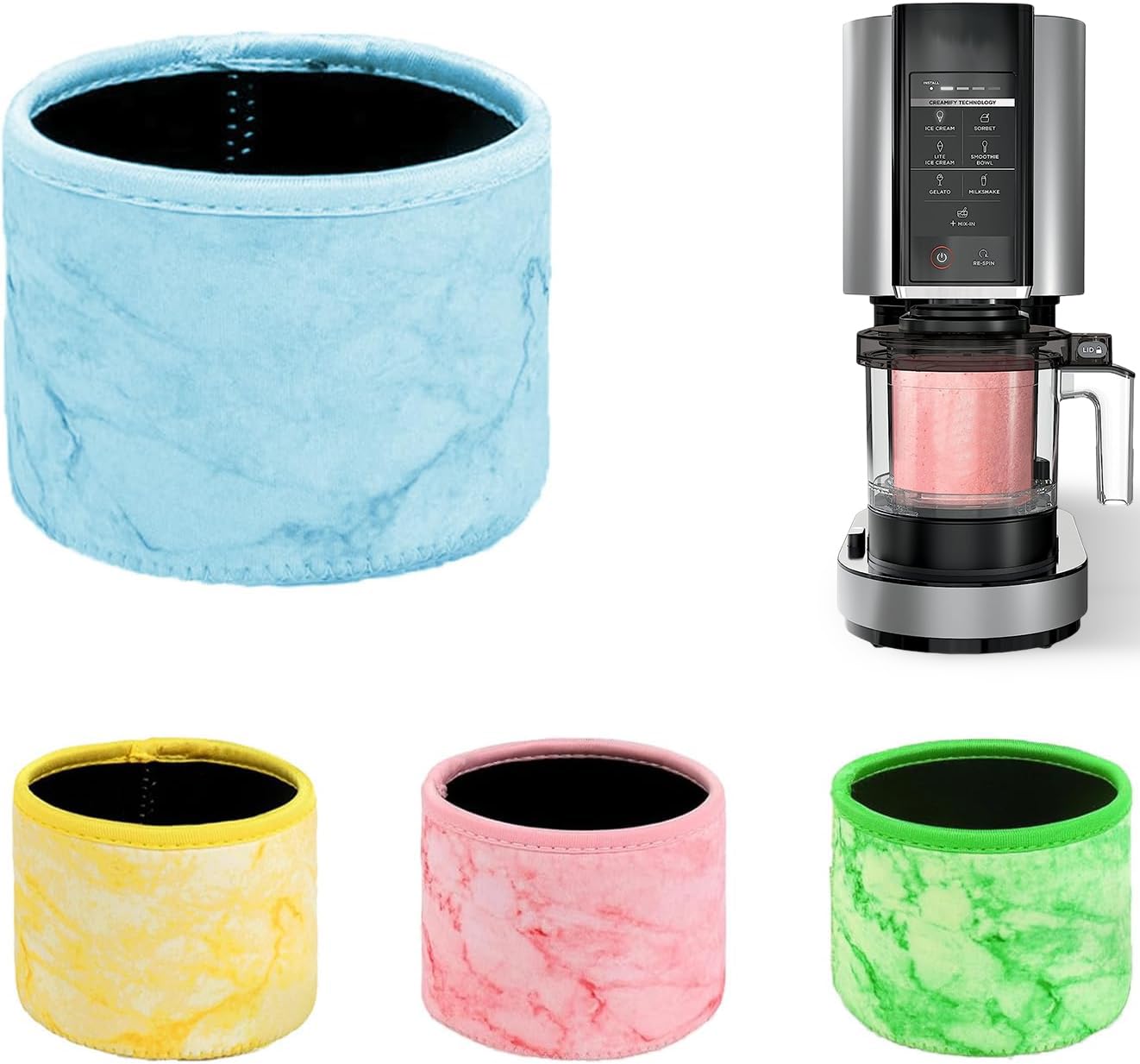 Ice Cream Neoprene Sleeve 16oz Ninja Creami Accessories Reusable Insulated Sleeve NC301 NC300 NC299AMZ Series Ice Cream Maker Container Not Included (4 Pack Yellow, Blue, Pink, Green)