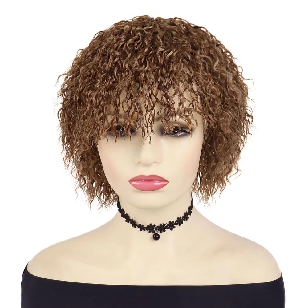 Haarpflege Hellbraune Kurze Lockige Haarperücke Mit Pony Für Frauen Tägliches Cosplay(Brown)
