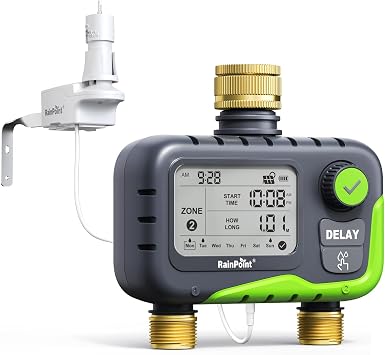 RAINPOINT 2-Zone Water Timer Kit with Rain Sensor, Large All-in-One LCD Display, Dual Ports, Automatic Rain Shutoff for Garden & Lawn Irrigation, Rain Delay, IP65 Waterproof