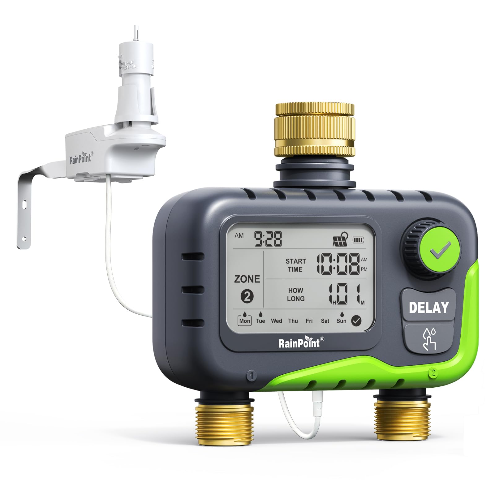 RAINPOINT Bewässerungscomputer mit 3 unabhängigen Bewässerungsplänen, einfache Bedienung, Dual-Anschlüsse für Regensensor und Solarpanel, Regenverzögerungsfunktion, IP65 wasserdicht