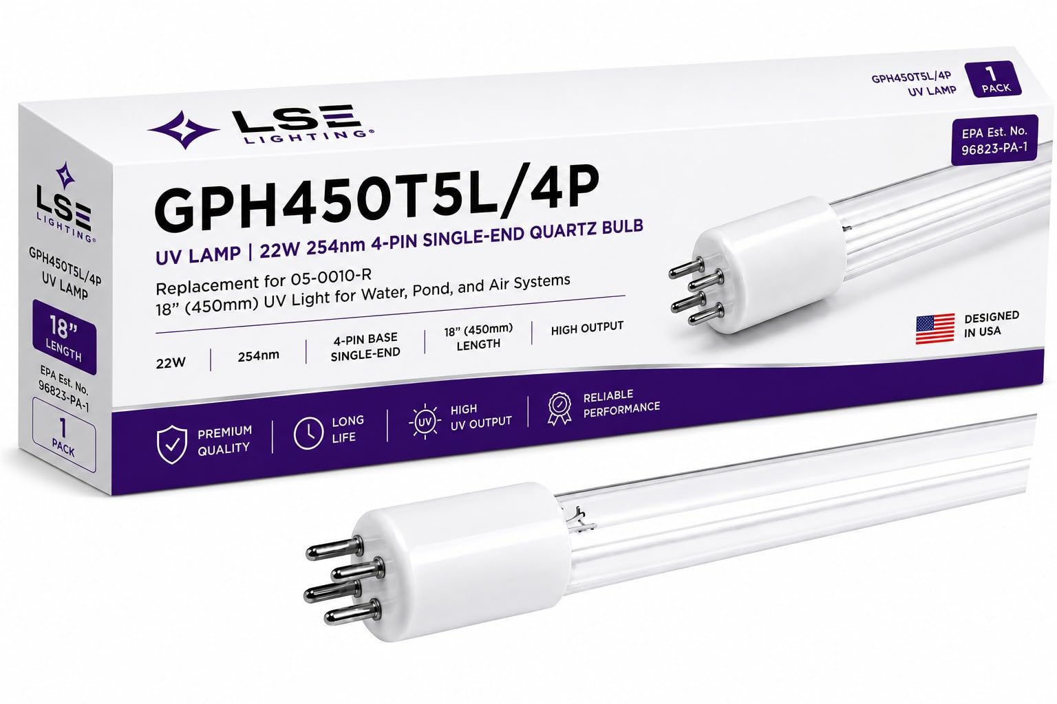 LSE Lighting GPH450T5L/4P 22W 450mm 4-Pin 254nm UV-C Lamp for 05