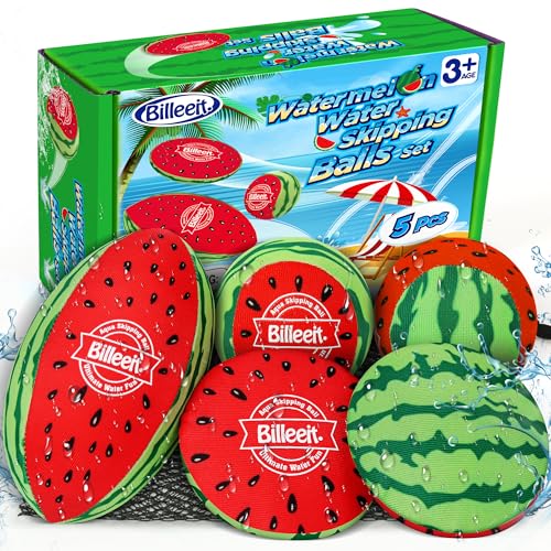Billeeit 5Pcs Water Skipping Balls for Pool Play, Swimming Pool Bouncing Ball for Kids 4-8-12 and Adults, River Lake Ocean Beach Toys with 1 Football, 2 Round Balls and 2 Discs