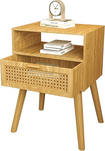 Mesita de noche de ratán moderna Mid-Century con cajón de almacenamiento, mesita de noche para dormitorio o mesa auxiliar para sala de estar,
