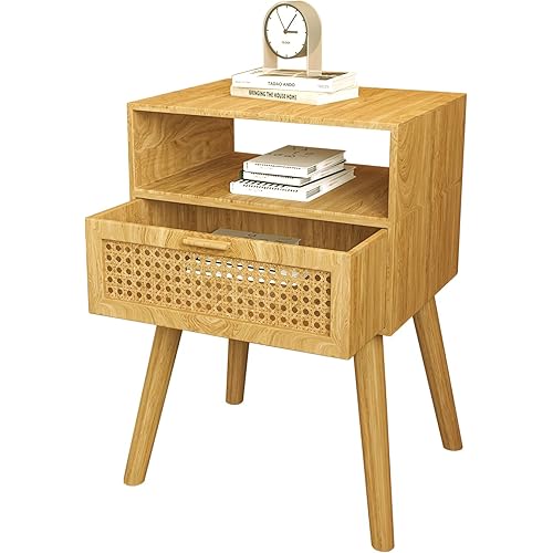 Mid-Century Modern Rattan Nightstand, Boho Wood Accent Table with Storage Drawer - Bedside Table for Bedroom or End Table for Living Room, Natural Wood Accent Decor - Dark Brown