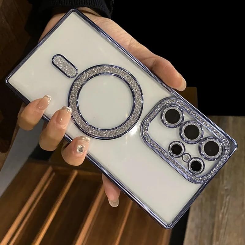 Image of for Samsung Galaxy Glitter Case,Luxury Bling Rhinestone Diamond Plated Bumper Case,MagSafe, Sparkle Camera Lens Protection Clear Back Cover (Blue, for Samsung Galaxy S24 Ultra)