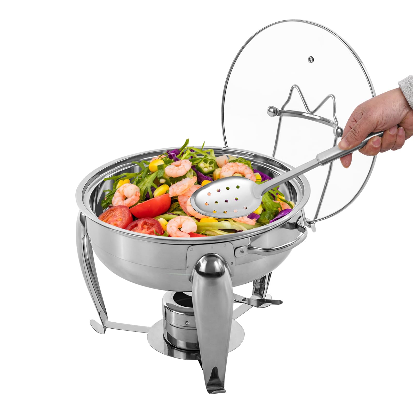 Chafing Dish - Set de buffet redondo de 4 litros, calentador de alimentos de acero inoxidable, estructura de acero inoxidable y tapa de cristal, calentador de sopa para catering, buffet y