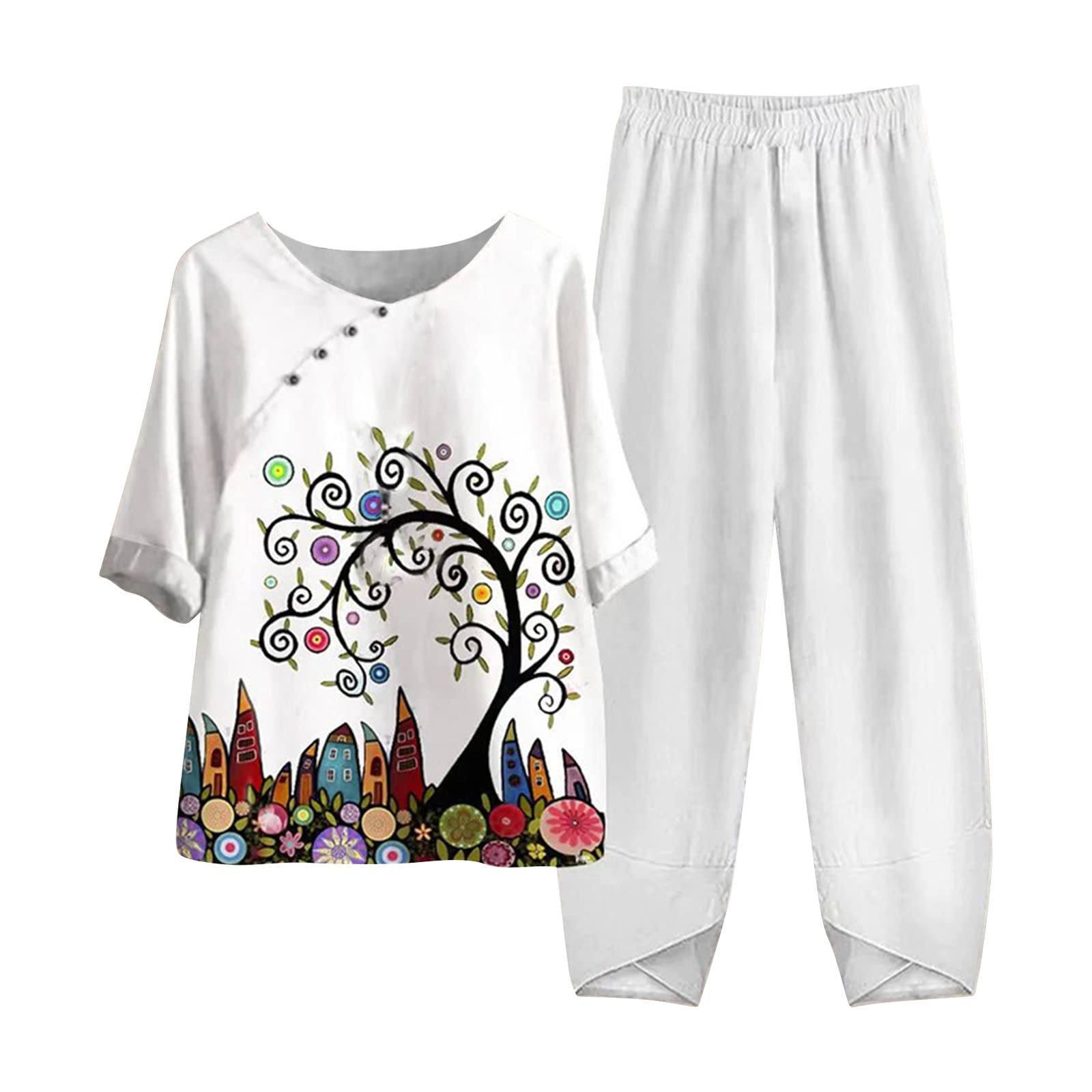 NUSGEAR 2023 Conjunto Dos Piezas Mujer algodón Lino Casual Camiseta manga larga y Pantalones otoño Primavera Deportivo Traje Talla grande Suelto Conjunto Moda Cómodo impresión Casa Pijama Chandal