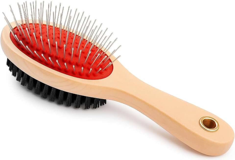 Escova Dupla Face para Pets, Madeira e Plástico, 23 cm, Cerdas de Aço e Nylon, para Desembaraçar e Massagear