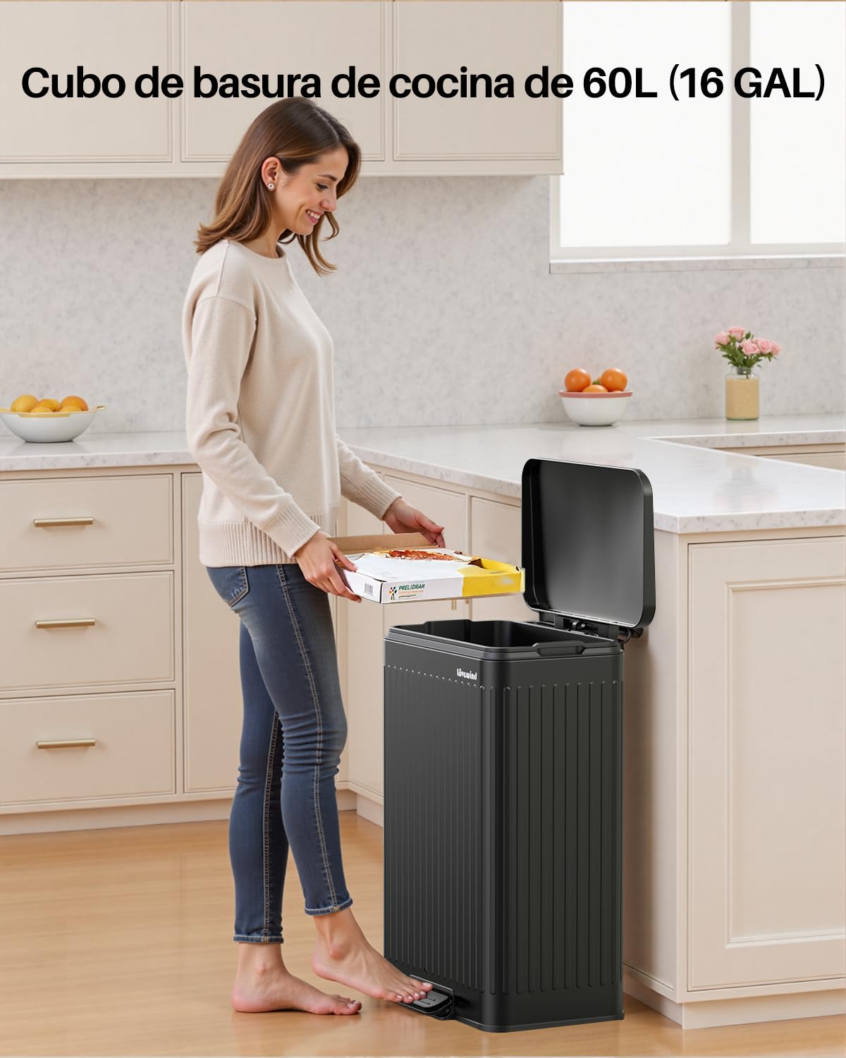 lovewind Basurero 60L Cocina Acero Inoxidable Negro con Pedal, Tapa Cierre Suave, Cubetas Interiores con Asas & Fijador Bolsas, Diseño Romano, Anti-Olor, Fácil Limpieza, Hogar 3-6 Personas