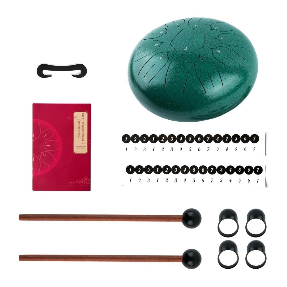 Javik - Tamburo per lingua in acciaio, 25,4 cm, 11 note, chiave a D, strumento a percussione, tamburo da meditazione con custodia, 2 bacchette, plettri per dita per adulti e bambini (verde)