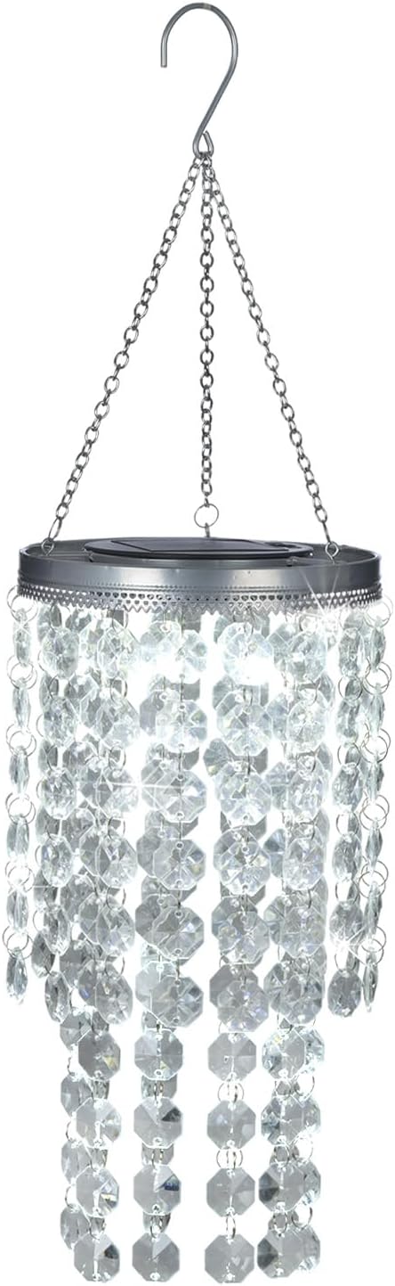 Hanging Solar Crystal Chandelier Outdoor, 21” Modern Solar Transparent Acrylic Beaded Lantern with Cool White LED S Hooks for Garden Yard Patio Gazebo Outside Decor - Image 2