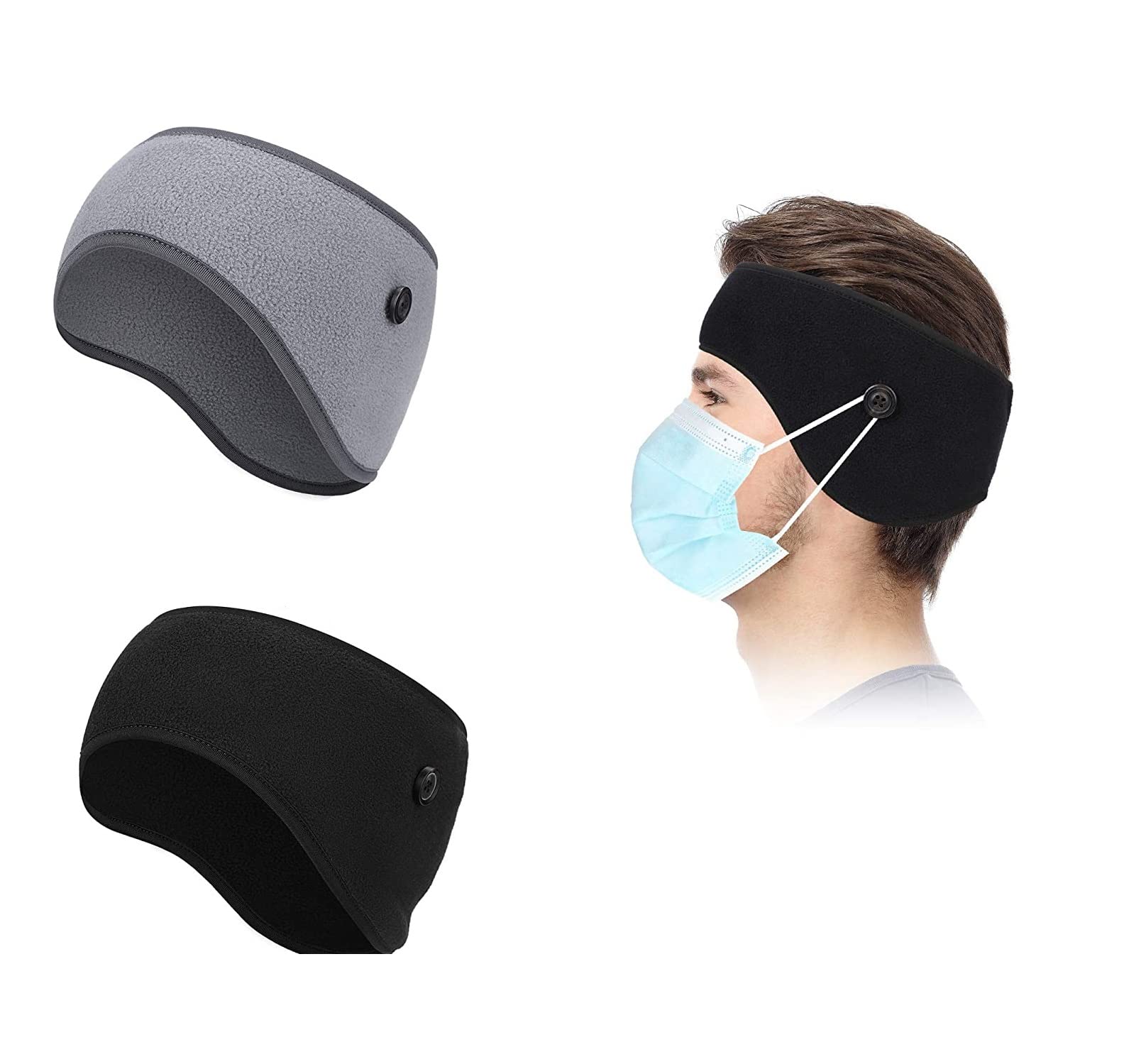 2 PCs Winter Fleece Ear Warmers Headband with Buttons for Facemask - Winter Ear Muffs for Men Women Boys & Girls in Cold Weather, Running Yoga Skiing Riding Bike Ear Cover-image-32