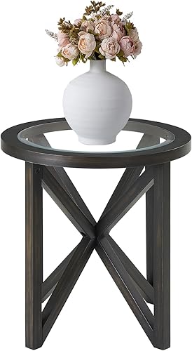 Miniatura 8 de HMFULE Juego de mesa auxiliar redonda de 3 piezas, 1 mesa auxiliar y 2 mesas auxiliares con parte superior de vidrio templado y base de madera