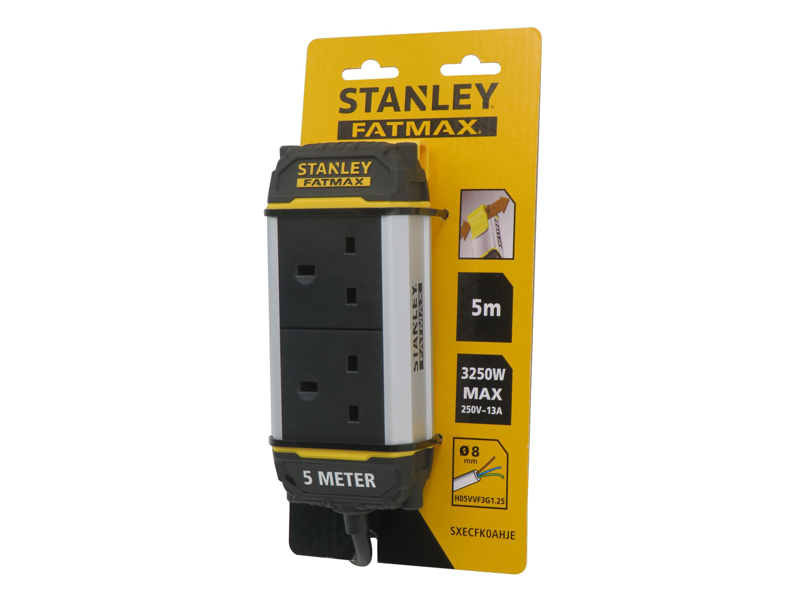 STANLEY 2-rzędowa płyta główna 5 m ze zintegrowanym klipsem do paska, trwałe zderzaki budowlane dla dodatkowej ochrony, żółty kabel Hi-viz dla bezpieczeństwa w miejscu - wyjście kabla odciążeniowego