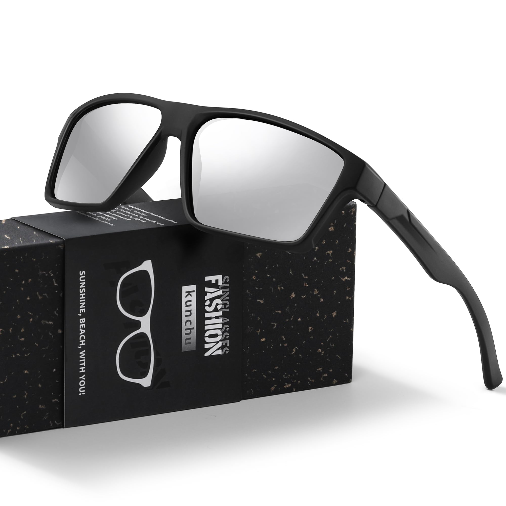 kunchu Gafas de sol protección polarizada masculina y femenina gafas de sol clásicas retro gafas de sol uv400 cuadradas, conducción, al aire libre, viajes, ciclismo, golf, pesca, gafas de sol negras
