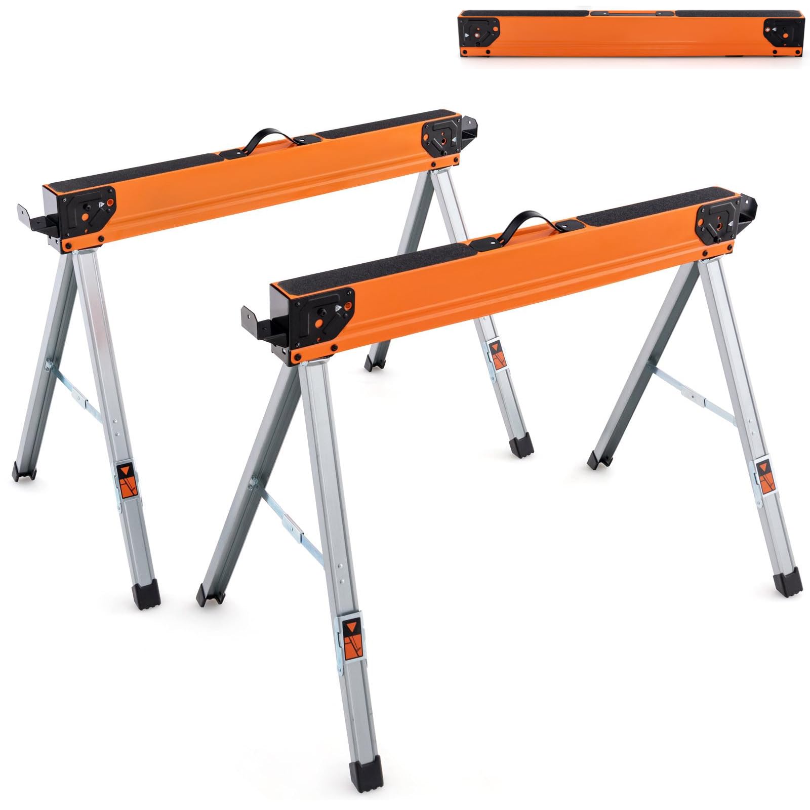 GiantexUK2PCS Folding Sawhorses, 1000KG Twin Pack Workbench with Support Arms, Flip-Down Pegs, Non-Slip Surface & Footpads, Portable Heavy Duty Metal Work Trestle Stands for Garage Workshop Home DIY