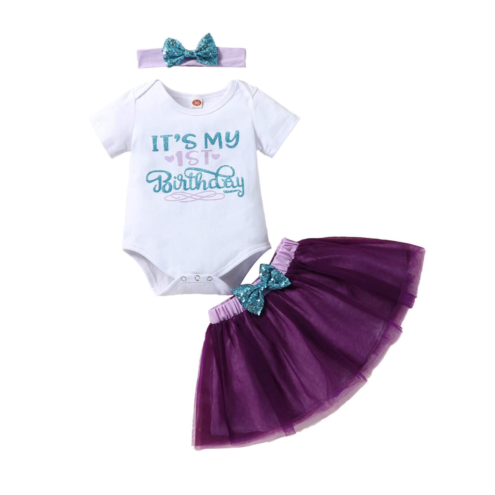 Baby Girl 1yr/2yr Birthday Dress Cotton Bodysuit TuTu Skirt Cute Set with Sequins Bow Headdress 3 Pieces