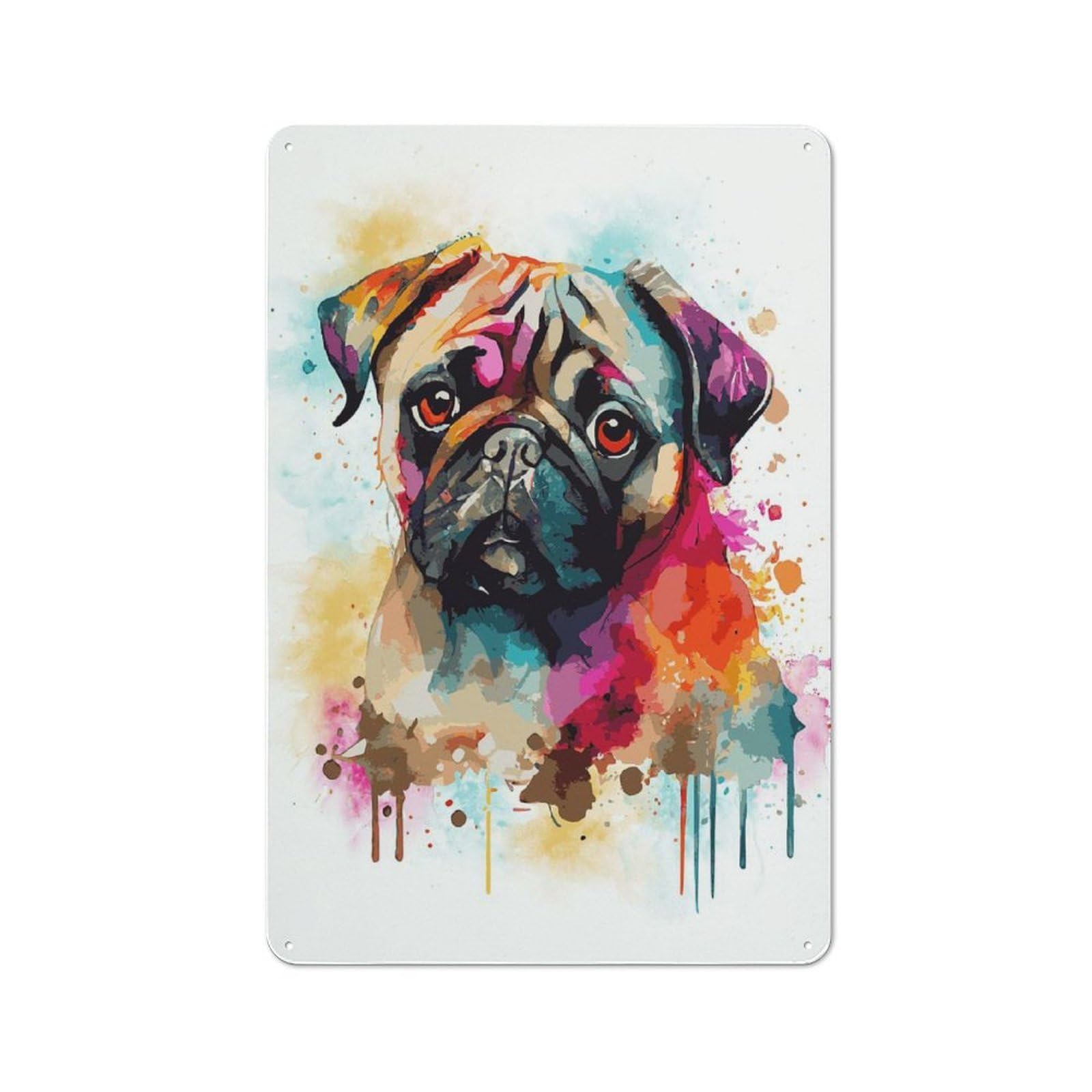 Junmoney Style-1 Metal Wall Sign 30X20cm Featuring Colorful Pug Dog Portrait For Bar Or Restaurant, For Themed Interiors In Bars And Restaurants