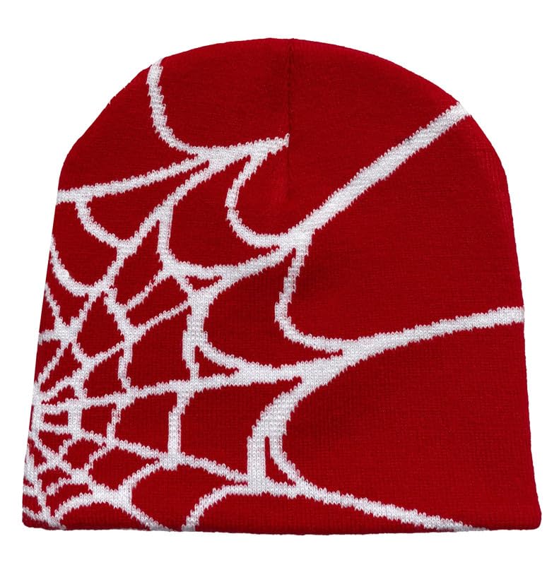 CORIRESHA Women Men y2k Beanie Spider Web Knit Hats Warm Soft Goth Winter Caps Red White