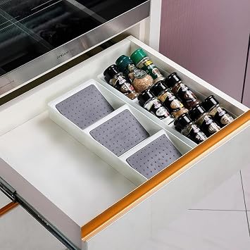 Small spice drawer organizer insert,1 pack,3 layer silicone non-slip mats, L15xW5.6xH2,Kitchen drawers or countertops jars not included,Expandable spice drawer organizer insert narrow
