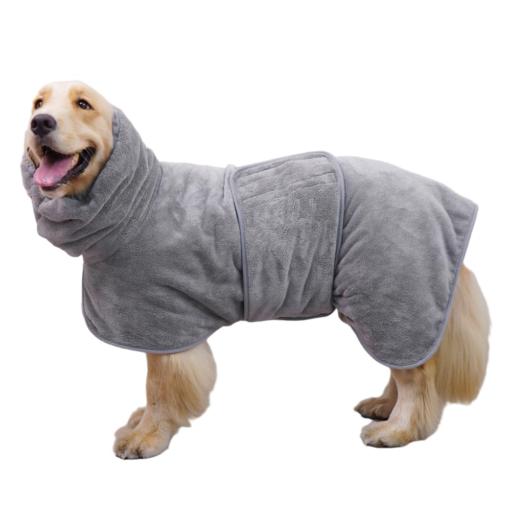 HoldOneLight Soft Microfiber Dog Bathrobe, Absorbent Quick Dry Dog Towel Coat with Adjustable Fit, Warm Pet Robe for After Bath, Swimming or Rain (Gray, XL)