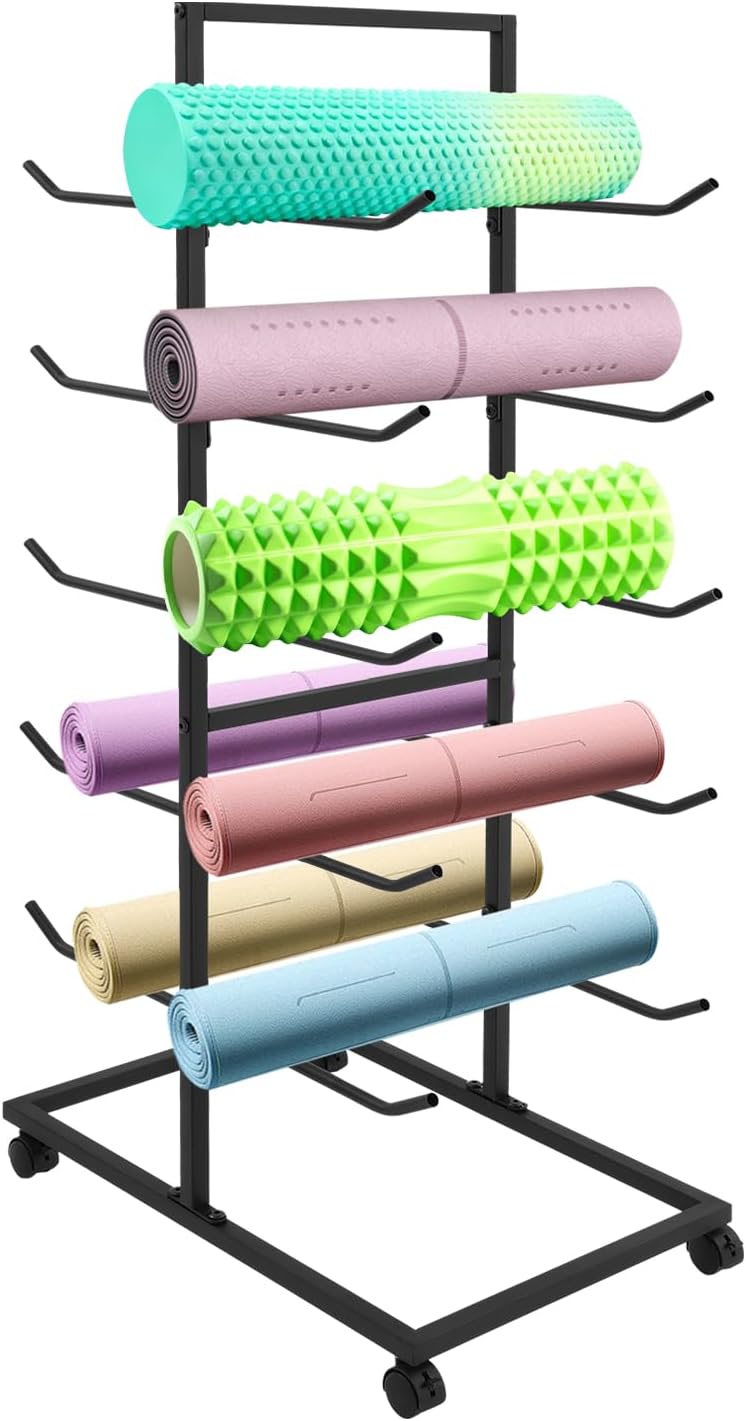 DouSeiAi Yoga Mat Holder Mount Wall, Yoga Mat Storage Rack Compatible with Foam Rollers and Resistance Bands for Home Gyms, 5-Tier Free Standing with Wheels