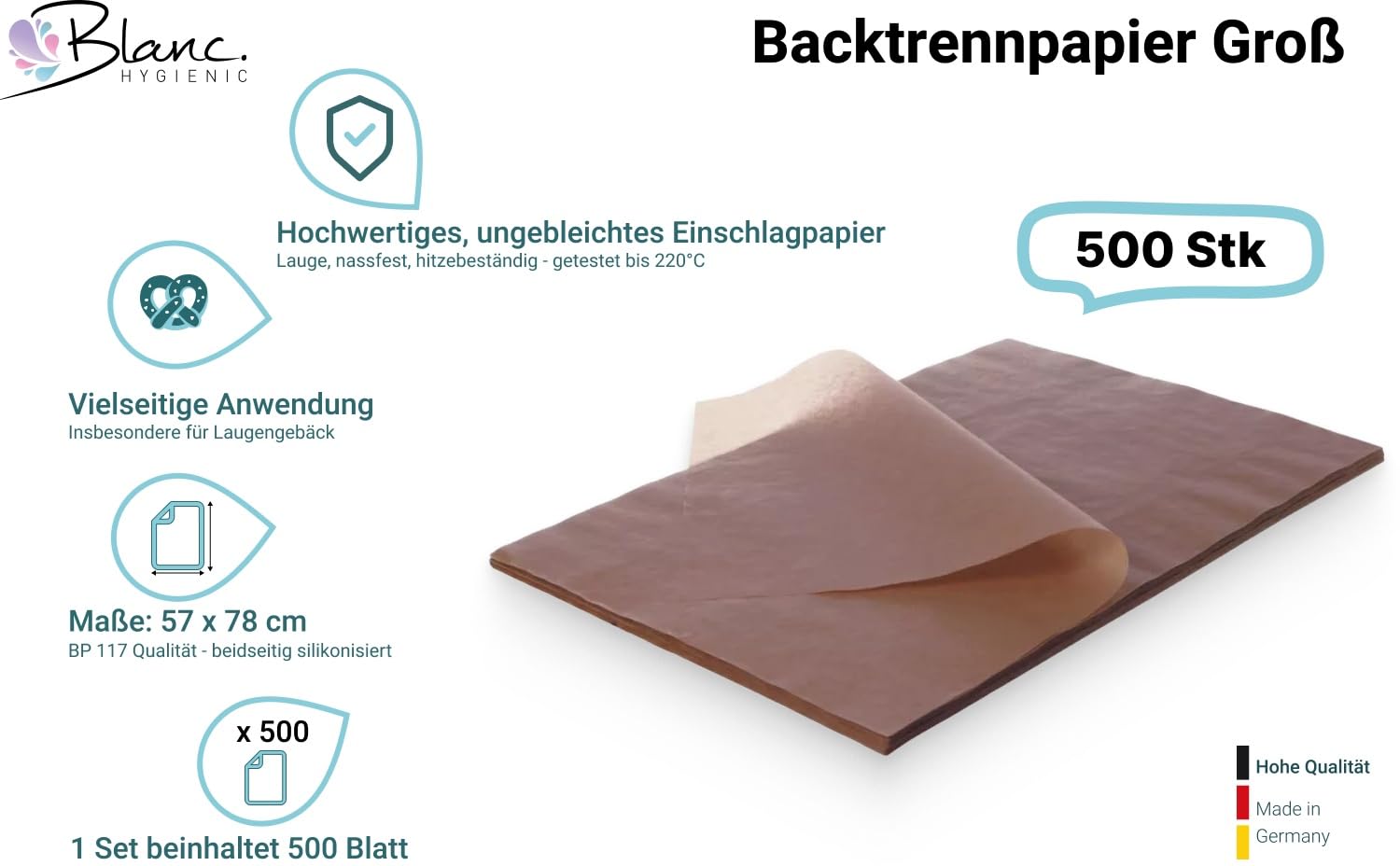 Backtrennpapier für Laugengebäck 57 × 78 cm, 500 Blatt, Braun