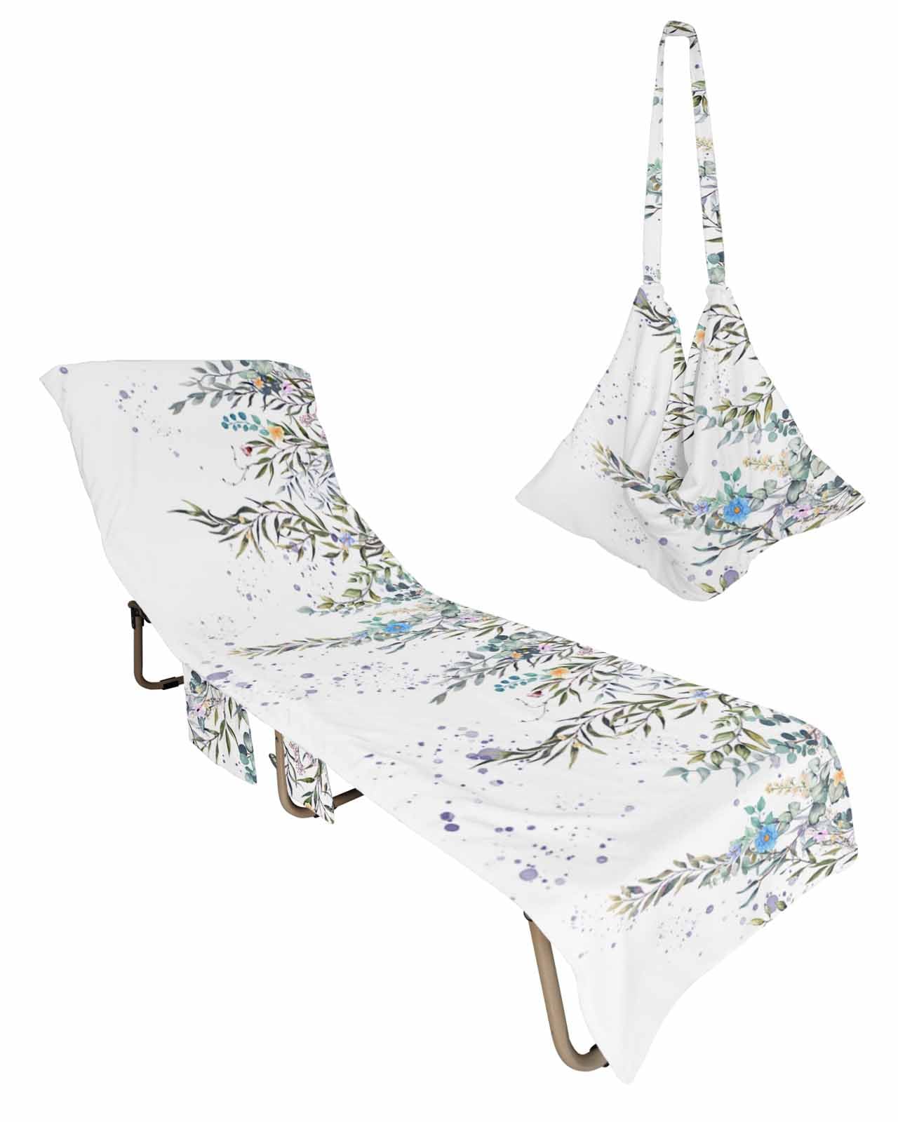 Eucalyptus Leaves Beach Chair Towel Covers for Chaise Lounge With Side Pocket, Soft Plush Pool Towels Cover for Patio Sunbathing Outdoor 29''x85'' Aesthetic Floral Plant Rustic Chic Watercolor