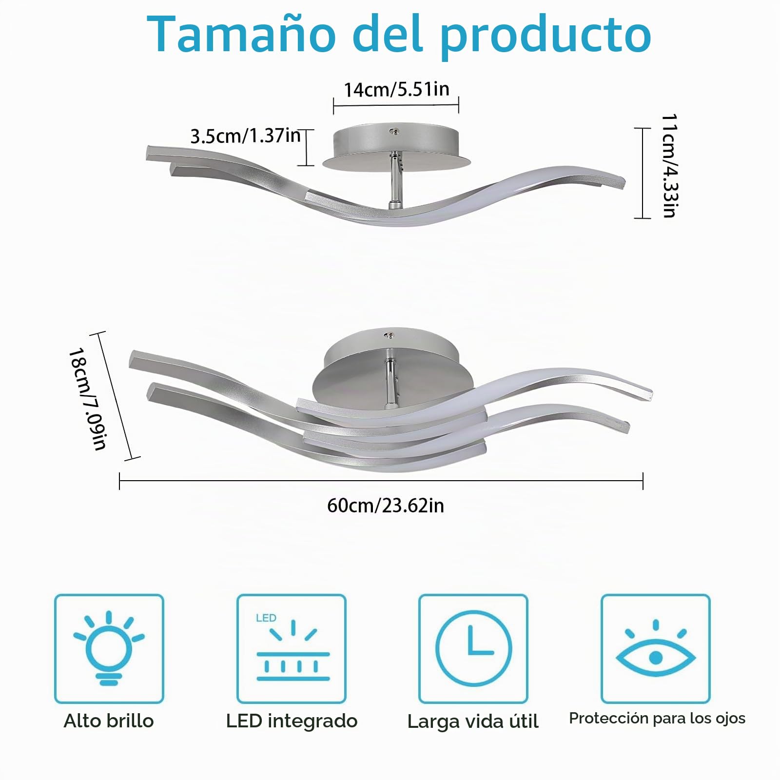 Toolight Lámpara de Techo, 32W 3600LM Plafon LED Techo de Moderna Diseño Curvo 60CM, Lamparas de Techo para Salón Dormitorio Cocina Estudio Pasillo, Blanco Frío 6500K, Plata