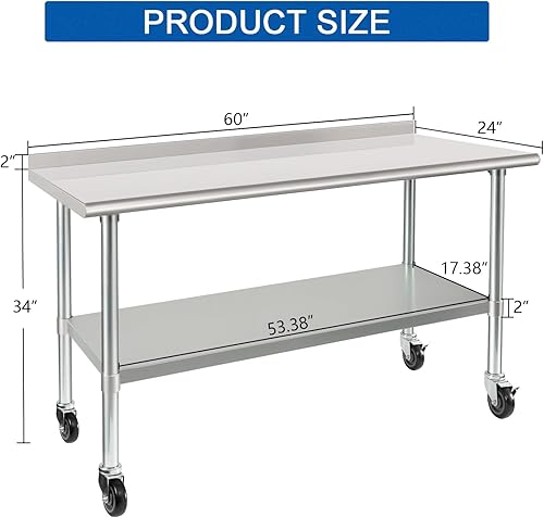Miniatura 2 de HARDURA Mesa de acero inoxidable de 24 x 60 pulgadas con ruedas NSF mesa de preparación comercial resistente con protector contra salpicaduras de 2
