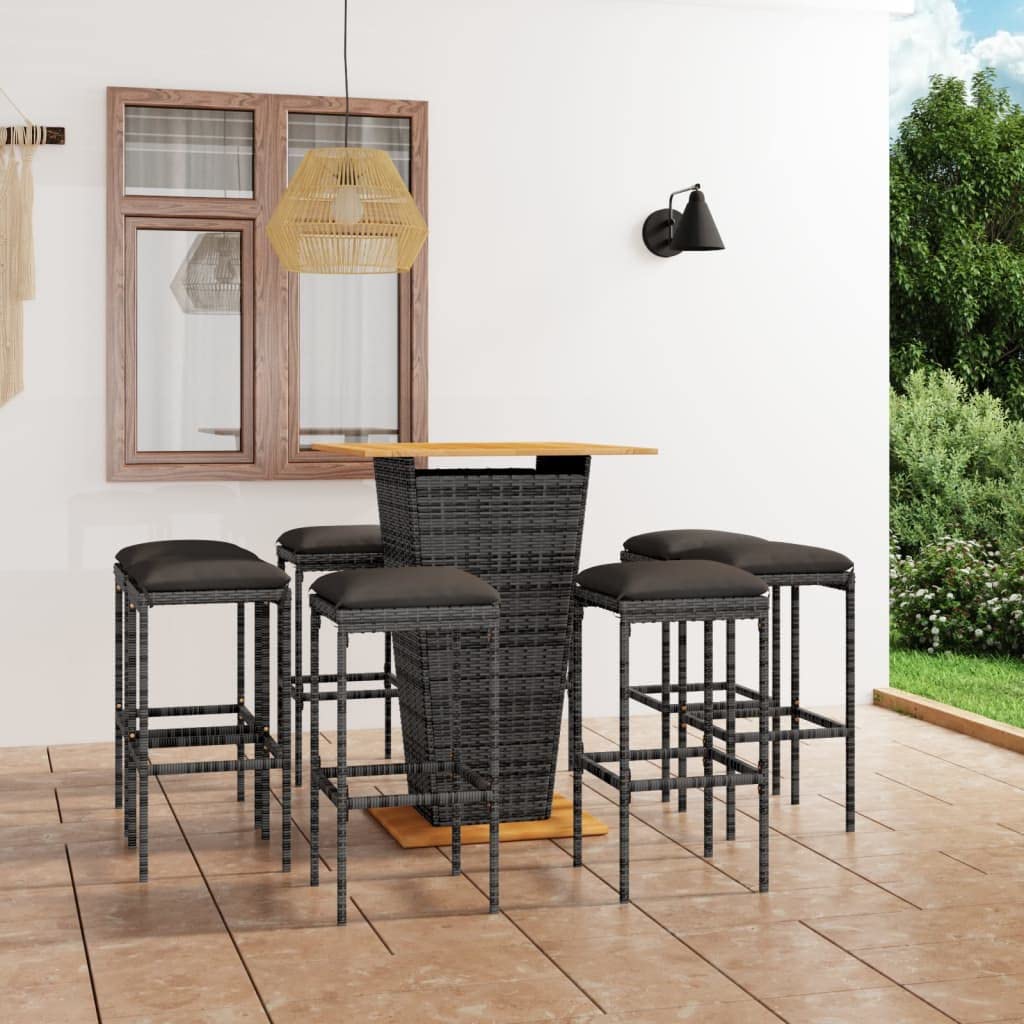 Juego de 9 piezas de jardín con cojines de ratán de polietileno y madera de acacia para terraza, balcón y jardín, resistente a la intemperie con taburetes, grupo de comedor, muebles de