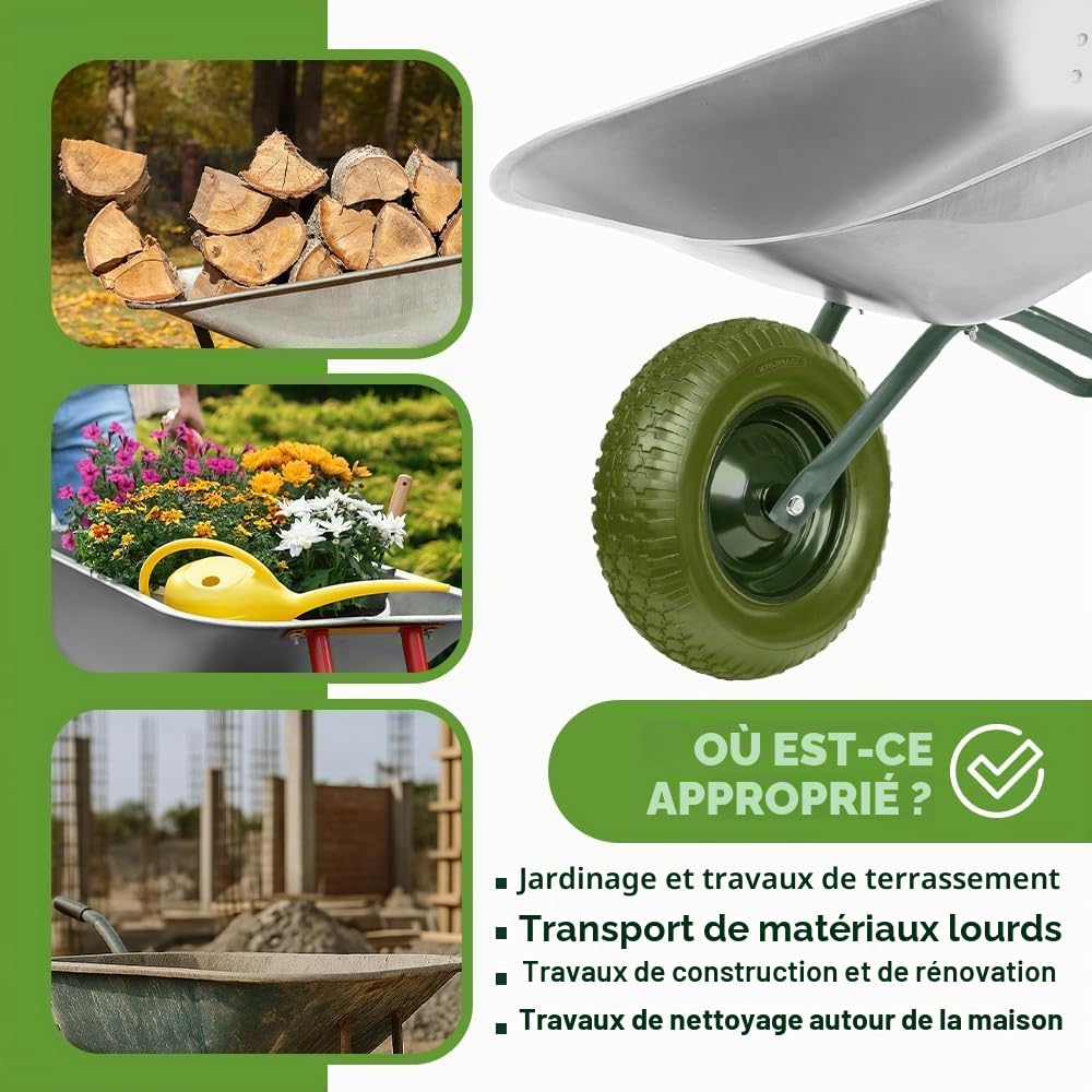 KRUMAD Lot de 2 roues de brouette en mousse PU 4,80/4,00-8 jusqu'à 180 kg avec essieu - Anti-crevaison - Sans entretien - Jante en acier - Double roulement à billes - Roue de rechange pour brouette et