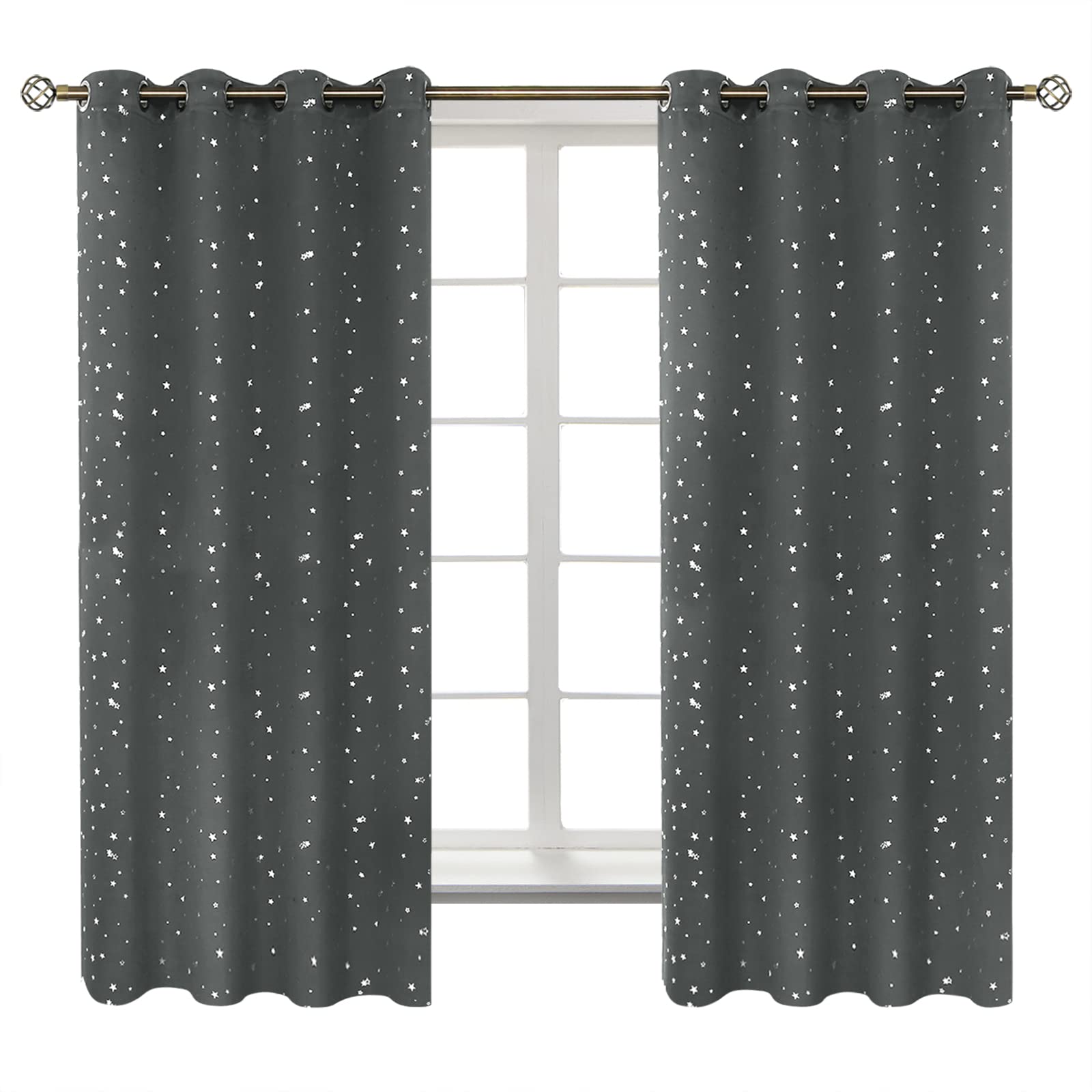 BGment Kids Blackout Curtains for Bedroom - Grommet Thermal Insulated Silver Star Print Room Darkening Curtains for Living Room, Set of 2 Panels (52 x