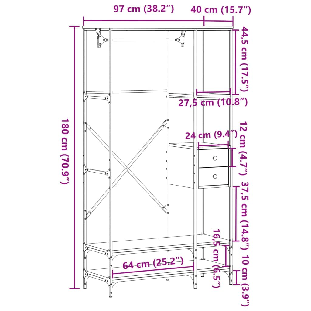 Kleiderständer mit Ablagen aus Räuchereiche Holzwerkstoff, Metall Rahmen, freistehend, stabil, platzsparend, 97 x 40 x 180 cm, Garderobenständer mit Rollen